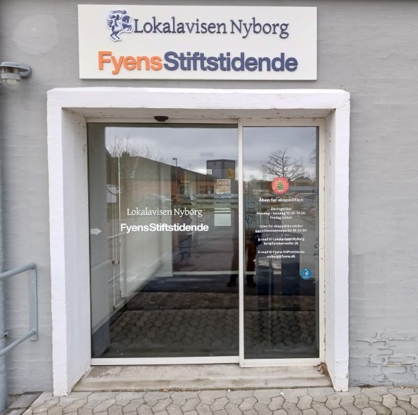 Indgangen til Fyens Stiftstidende. Nyborgs lokalegratis avis